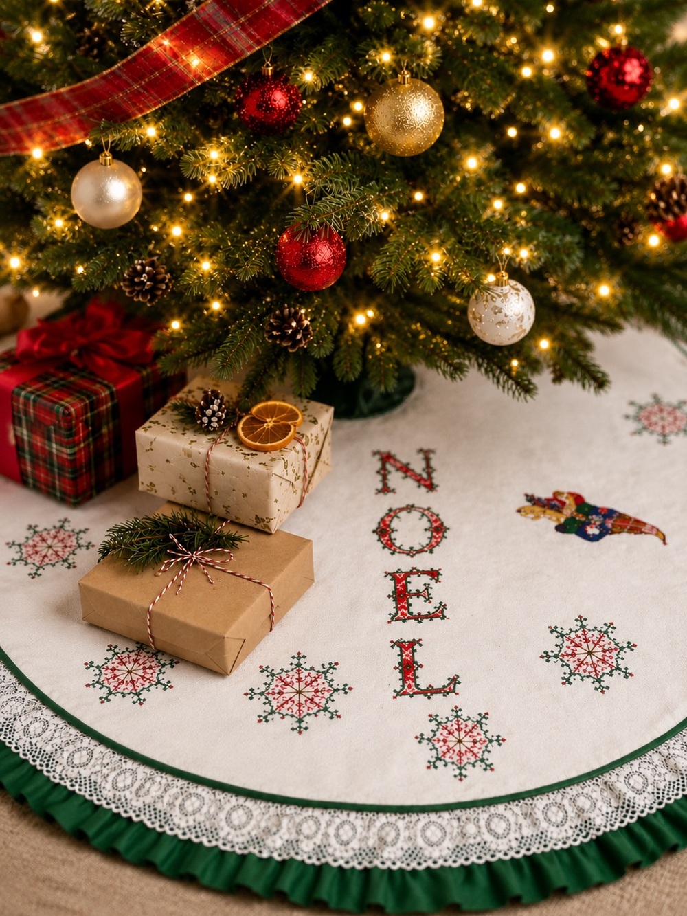 Handmade Embroidered Christmas Tree Skirt NOEL White Lace Trim 44”